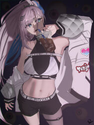 1girl bikini_over_clothes blue_hair bra_over_clothes braid breasts choker colored_inner_hair crop_top cropped_sweater earrings feather_necklace fishnet_pantyhose fishnets grey_hair hair_ornament high-waist_pantyhose highres hololive hololive_indonesia jewelry large_breasts long_hair midriff multicolored_hair navel necklace o-ring o-ring_choker ocetee official_alternate_costume pantyhose pavolia_reine pavolia_reine_(streetwear) shorts solo streaked_hair triangle_earrings virtual_youtuber