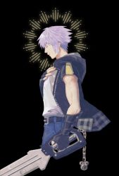 1boy belt belt_buckle black_background black_belt black_gloves black_jacket blue_pants buckle closed_eyes cowboy_shot fingerless_gloves gloves grey_hair hair_between_eyes halo hand_on_own_chest holding holding_weapon hood hood_down hooded_jacket jacket keyblade charm_(object) kingdom_hearts kingdom_hearts_iii male_focus owlforkh pants profile riku_(kingdom_hearts) shirt short_hair short_sleeves solo weapon white_shirt