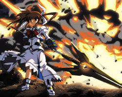 Rule 34 | 00s, 1girl, bow, explosion, female focus, fingerless gloves, fujitama (lose dog), gloves, lyrical nanoha, magazine (weapon), magical girl, mahou shoujo lyrical nanoha, mahou shoujo lyrical nanoha a&#039;s, purple eyes, raising heart, raising heart (exelion mode), red bow, red hair, serious, solo, takamachi nanoha, takamachi nanoha (sacred mode), white devil