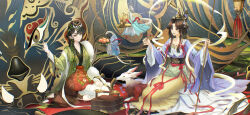 2girls :d bandaged_leg bandages basket black_eyes black_hair braid chinese_clothes cup dragon eastern_dragon full_body green_hanfu hagoromo hair_ornament hand_up hanfu highres holding holding_cup holding_lantern jiu_niangzi jiu_niangzi_(blossom_spring_fairy) lantern leg_wrap liang_yue_(reverse:1999) long_hair long_skirt looking_at_viewer low_twin_braids mark_under_both_eyes mask mask_on_head miniskirt monster multiple_girls official_alternate_costume open_mouth parted_bangs purple_hanfu qiangliang_(reverse:1999) red_skirt reverse:1999 seiza shawl sieka_(piiroinardesco) sitting skirt smile snake twin_braids white_shawl yellow_eyes yellow_skirt