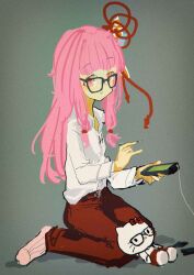 1girl :3 absurdres alternate_costume bespectacled breast_pocket collared_shirt commentary_request crossover dress_shirt film_grain glasses grey_background hair_ribbon hello_kitty hello_kitty_(character) highres holding holding_pda holding_stylus kabuyama_kaigi kotonoha_akane long_hair long_sleeves looking_at_viewer low-tied_sidelocks matching_outfits no_shoes object_in_pocket open_mouth pants pda pen_in_pocket pink_eyes pink_hair pink_socks pinky_out pocket raised_eyebrows red_pants red_ribbon ribbon sanrio shirt shirt_tucked_in sidelocks sitting smile socks solo stylus vignetting voiceroid wariza