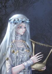 1girl absurdres anya_orz blue_eyes closed_mouth commentary cracked_skin detached_collar doll_joints dress earrings elden_ring elden_ring_nightreign grey_hair highres holding holding_instrument holding_lyre instrument jewelry joints lips long_hair lyre music necklace pink_lips playing_instrument revenant_(elden_ring) short_sleeves solo twitter_username veil white_dress