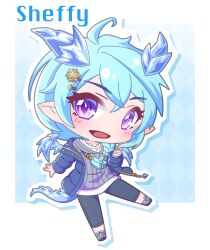 Rule 34 | 1girl, :d, absurdres, argyle background, black leggings, blue hair, blue jacket, blush, character name, chibi, commentary request, down jacket, dragon girl, dragon horns, dragon tail, dragon wings, fanny pack, full body, grey shoes, grey sweater, hair between eyes, highres, horns, ice, ice horns, ice wings, jacket, leggings, looking at viewer, open clothes, open jacket, open mouth, outline, princess connect!, purple eyes, ribbed sweater, saishosaisekojo, sheffy (princess connect!), shirt, shoes, smile, solo, sweater, tail, white outline, white shirt, wings