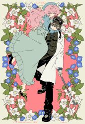 1boy 1girl arms_around_neck black_pants black_shoes blue_flower blue_hat borrowed_character brown_hair coat commission dress floral_border flower full_body goggles goggles_on_headwear grey_dress hair_intakes hat highres holding long_hair long_sleeves open_clothes open_coat original pants pink_background pink_hair shoes short_hair skeb_commission white_coat white_flower zon_(zooonzoonzon)