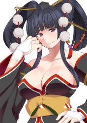 1girl bare_shoulders black_hair breasts bridal_gauntlets cleavage collarbone dead_or_alive dead_or_alive_5 detached_sleeves female_focus hair_ornament hand_on_own_hip hat hime_cut japanese_clothes kupala large_breasts long_sleeves looking_at_viewer mole neck nyotengu obi purple_eyes sash sideboob sidelocks simple_background smile solo strapless tengu tokin_hat twintails two_side_up upper_body white_background wide_sleeves