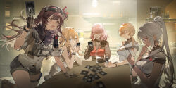 5girls black_gloves blonde_hair blue_eyes brown_eyes brown_hair card card_game closed_eyes cup dalanxia dark-skinned_female dark_skin elmo_dormitory_outfit female_commander_(girls&#039;_frontline) girls&#039;_frontline girls&#039;_frontline_2:_exilium gloves grey_hair groza_(girls&#039;_frontline_2) highres holding holding_card holding_cup jacket mayling_shen_(girls&#039;_frontline_2) multiple_girls nemesis_(girls&#039;_frontline_2) official_alternate_costume official_art ots-14_(girls&#039;_frontline) pink_hair playing_card playing_games purple_eyes red_jacket sitting suomi_(girls&#039;_frontline) suomi_(girls&#039;_frontline_2) table white_hair