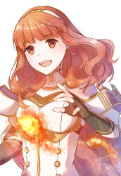 1girl armor black_gloves breastplate cape celica_(fire_emblem) choker dress earrings fingerless_gloves fire fire_emblem fire_emblem_echoes:_shadows_of_valentia gloves highres jewelry long_hair magic nintendo princess red_eyes red_hair smile solo tarayuki tiara white_armor