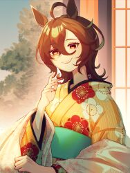 Rule 34 | 1girl, absurdres, agnes tachyon (umamusume), ahoge, animal ears, brown hair, hair between eyes, highres, horse ears, horse girl, huge ahoge, japanese clothes, kimono, long hair, long sleeves, mujintou png, nail polish, obi, parted lips, red eyes, red nails, sash, smile, solo, tree, umamusume, white sash, wide sleeves, wolf cut, yellow kimono