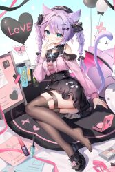 1girl absurdres animal_ear_fluff animal_ears aqua_eyes belt black_bow black_shoes black_skirt black_thighhighs bow braid cat_ears cat_tail center_frills closed_mouth frills full_body guzangnanfeng hair_bow highres long_hair long_sleeves looking_at_viewer original pink_bow pink_shirt purple_hair shirt shoes single_shoe skirt smile tail thigh_belt thigh_strap thighhighs tongue tongue_out twin_braids