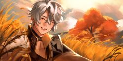 Rule 34 | 1boy, absurdres, armor, autumn leaves, bags under eyes, belt collar, black collar, black shirt, closed eyes, cloud, collar, commentary, crossed bangs, curtained hair, d piuriem, english commentary, grey hair, hair between eyes, high collar, highres, honkai: star rail, honkai (series), leaf, light rays, male focus, mountain, open collar, parted hair, pauldrons, phainon (honkai: star rail), popped collar, shirt, short hair, shoulder armor, sitting, sky, smile, solo, sunbeam, sunlight, teeth, tree, two-sided fabric, wheat, wheat field