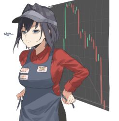 Rule 34 | 1girl, alternate costume, apron, bags under eyes, blue apron, blue eyes, blue hair, chart, collared shirt, commentary, employee uniform, empty eyes, english commentary, fast food uniform, hair intakes, highres, hololive, hololive english, kronii coin (meme), meme, name tag, ouro kronii, red shirt, shirt, solo, stocks, tanukidraws, tying apron, unamused, upper body, virtual youtuber