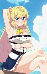1girl absurdres aizawa_azusa arm_under_breasts armpits bare_legs belt blonde_hair blue_eyes blue_skirt blush braid breasts cleavage closed_mouth crossed_legs dress feet_out_of_frame hair_between_eyes highres kiniro_tofu legs long_hair looking_at_viewer medium_breasts panties pantyshot skirt slime_taoshite_300_nen_shiranai_uchi_ni_level_max_ni_nattemashita smile solo strapless strapless_dress underwear very_long_hair white_dress white_panties
