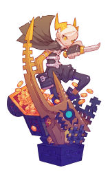1boy bandit_(dmfd) belt black_cape black_footwear black_gloves black_pantyhose black_shorts boots buckle cape cloak closed_mouth coin dagger dragon dragon:_marked_for_death dual_wielding elbow_gloves fingerless_gloves full_body gears gloves gold highres holding holding_dagger holding_knife holding_weapon horns inti_creates knife looking_at_viewer male_focus money nakayama_tooru official_art orange_eyes pantyhose ringed_eyes shoes short_hair short_jumpsuit shorts simple_background solo standing sword tagme treasure_chest weapon white_background white_hair yellow_eyes