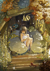 1girl algae bad_id bad_pixiv_id bare_shoulders barefoot brown_hair bubble closed_eyes coral crossed_arms dress eel female_focus fish highres knees_up legs_together long_hair octopus original parted_lips reclining seahorse seaweed sleeveless sleeveless_dress smile solo turtle underwater