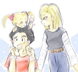 Rule 34 | 1boy, 2girls, android 18, black eyes, black hair, blonde hair, blue eyes, couple, dragon ball, father and daughter, food, happy, husband and wife, ice cream, kuririn, lifting person, mother and daughter, multiple girls, smile