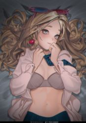 1girl artist_name bed_sheet blonde_hair blue_eyes blue_skirt blush bra braid breasts commentary dark earrings english_commentary eyelashes eyewear_on_head facing_to_the_side female_focus food-themed_earrings glasses grey_bra hands_up harry_potter_(series) highres jewelry large_breasts long_hair long_sleeves looking_at_viewer luna_lovegood lying minimimaniac navel necktie on_back on_bed open_clothes open_shirt radish shirt sideways_glance skirt smile solo sparkle striped_necktie underwear upper_body white_shirt wizarding_world