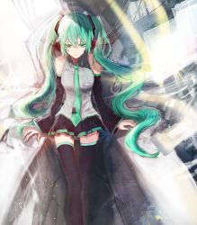 1girl ake ake_(cpflqlf1) aqua_eyes aqua_hair bad_id bad_pixiv_id female_focus hatsune_miku headphones highres long_hair necktie solo twintails vocaloid