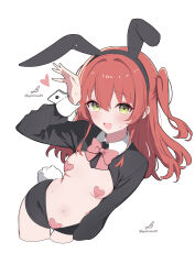 1girl absurdres animal_ears blush bocchi_the_rock! bow bowtie breasts commentary fake_animal_ears green_eyes heart_pasties highres kita_ikuyo long_hair looking_at_viewer meme_attire minusk9 one_side_up open_mouth pasties pink_bow pink_bowtie rabbit_ears red_hair reverse_bunnysuit reverse_outfit simple_background small_breasts solo sweat symbol-only_commentary white_background