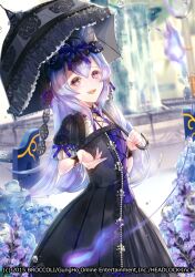 black_dress black_umbrella blue_eyes blue_hair breasts dress ekm emil_chronicle_online frilled_umbrella frills holding holding_umbrella looking_at_viewer minatsuki_(eco) official_art open_mouth small_breasts umbrella