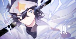 1boy aotu_world bandana black_hair black_shirt closed_mouth electricity electrokinesis hair_between_eyes headband holding holding_weapon hood hood_down hooded_jacket jacket looking_to_the_side male_focus numbered pointy_ears purple_eyes ray_(aotu_world) shirt short_hair smile solo star_(symbol) star_print turtleneck upper_body weapon white_headband white_jacket zengzhi_zhixu