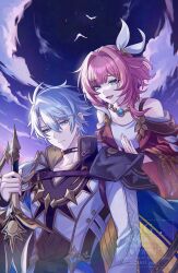 1boy 1girl absurdres ahoge blue_eyes blue_sky closed_mouth coat commentary_request cyrene_(honkai:_star_rail) dress go_(roku) hair_ornament highres holding holding_sword holding_weapon honkai:_star_rail honkai_(series) jewelry necklace open_mouth outdoors phainon_(honkai:_star_rail) pink_hair purple_coat short_hair sky sword weapon white_coat white_dress white_hair