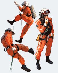 Rule 34 | 1girl, 2boys, baggy pants, beard, belt around waist, black bow, black eyes, bow, climbing rope, earpiece, eyewear on head, facial hair, firefighter, firefighter jacket, full body, garter straps, gloves, helmet, highres, jacket, jumpsuit, multiple boys, orange jumpsuit, original, pants, rope, sam yang, scratching chin, simple background, sunglasses, white background, white gloves