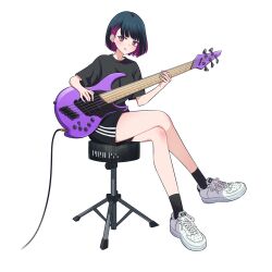 1girl 5-string_bass_guitar :q absurdres audio_cable bass_guitar black_hair black_shirt black_shorts black_socks bob_cut bright_pupils cable colored_inner_hair commentary_request crossed_legs dingwall_guitars dingwall_ng3 earrings full_body highres holding holding_bass_guitar holding_instrument instrument jewelry looking_at_viewer multicolored_hair on_stool original purple_eyes purple_hair ryzrock shirt shoes short_hair short_shorts short_sleeves shorts simple_background sitting sneakers socks solo stool t-shirt tongue tongue_out two-tone_hair white_pupils white_shoes