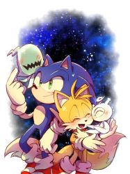 2boys :d ^_^ blush closed_eyes closed_mouth fox_boy furry furry_male gloves green_eyes misuta710 multiple_boys multiple_tails open_mouth smile sonic_(series) sonic_colors sonic_the_hedgehog tail tails_(sonic) two_tails white_gloves wisp_(sonic)