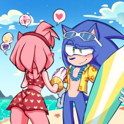 amy_rose ass ass_focus back bare_legs beach blue_fur blue_hair blush bracelet collar flower_collar food gloves green_eyes hawaiian_shirt highres huge_ass ice_cream jewelry legs lolita_fashion lotion medium_hair ocean pink_fur pink_hair sega shirt skirt smile sonic_(series) sonic_the_hedgehog spiked_hair starfish sunglasses sunscreen swim_ring swimsuit swimsuit_skirt tail worried