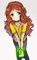 brown_hair female_focus gender_request genderswap morticia_smith mortimer_smith morty_smith aperture_science_handheld_portal_device rick_and_morty sad shirt tagme yellow_shirt