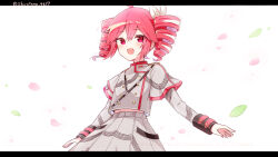 1girl ahoge backlighting belt black_belt black_sleeve_cuffs blush bow buttons commentary_request double-breasted drill_hair fingernails flat_chest grey_jacket grey_skirt hair_bow hair_ribbon highres jacket kasane_teto kasane_teto_(sv) layered_sleeves leaf letterboxed long_sleeves midriff_peek musical_staff musical_staff_print open_mouth red_eyes red_hair red_nails red_trim ribbon shira_461 shoulder_belt shoulder_boards skirt skirt_set solo striped_clothes striped_jacket striped_skirt synthesizer_v twin_drills utau white_background white_bow white_ribbon