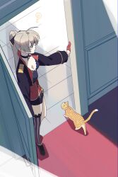 1girl ? absurdres aiguillette animal azur_lane belt black_choker black_shorts boots breasts brown_hair cat choker cleavage corset door full_body gloves half_gloves hatski.sin highres jacket jean_bart_(azur_lane) long_hair long_sleeves ponytail red_gloves short_shorts shorts single_thighhigh solo standing striped_clothes striped_thighhighs thighhighs vertical-striped_clothes vertical-striped_thighhighs