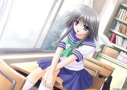 Rule 34 | 00s, black hair, classroom, desk, heterochromia, indoors, mayumi thyme, nishimata aoi, school, school desk, school uniform, serafuku, short hair with long locks, shuffle!, sitting, solo