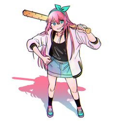 1girl artist_name aubrey_(faraway)_(omori) aubrey_(omori) baseball_bat black_socks blue_eyes blue_hairband blue_skirt blush bu3hgg denim denim_skirt from_above full_body grin hairband hand_on_own_hip highres holding holding_baseball_bat legs_apart looking_at_viewer nail_(hardware) nail_bat omori parted_lips pink_hair shoes simple_background skirt smile sneakers socks solo standing white_background