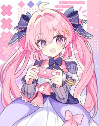 Rule 34 | 1girl, :d, absurdres, ahoge, blush, bow, bowtie, commentary request, controller, cowboy shot, dress, dress bow, game controller, hair between eyes, hair ribbon, hands up, highres, holding, holding controller, holding game controller, indie virtual youtuber, long sleeves, looking at viewer, open mouth, pink eyes, purple bow, purple bowtie, purple dress, purple ribbon, red bow, ribbon, second-party source, shirocha tei, smile, solo, sparkle hair ornament, twintails, virtual youtuber, waist bow, yashiro runa