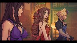 1boy 2girls aerith_gainsborough aerith_gainsborough_(red_dress) alteredbits black_dress black_hair blonde_hair blue_dress bow bra_strap braid breasts brown_eyes brown_hair cleavage cloud_strife cloud_strife_(blue_dress) commentary crossdressing dress drill_hair english_commentary final_fantasy final_fantasy_vii final_fantasy_vii_remake flower frilled_sleeves frills green_eyes hair_bow hair_flower hair_ornament hair_ribbon highres jewelry long_hair medium_breasts multiple_girls necklace official_alternate_costume purple_dress red_dress ribbon smile spiked_hair standing tifa_lockhart tifa_lockhart_(refined_dress) twin_braids two-tone_dress very_long_hair wall_market