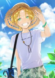 Rule 34 | bag, blonde hair, bracelet, cloud, day, ear piercing, green eyes, grin, hair between eyes, hand in pocket, highres, jewelry, leaf, leaf print, looking at viewer, male focus, middle finger, ocean, original, outdoors, piercing, pillow (nutsfool), shirt, shoulder bag, sky, smile, solo, spiked hair, t-shirt, upper body, water, white shirt