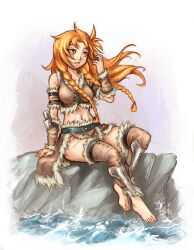 1girl alternate_costume armlet armor barbarian bare_shoulders barefoot belt black_belt border breasts commentary crossed_legs english_commentary feet fingernails freckles fur_armlet fur_trim grey_sky hand_on_floor hanging_legs jewelry leather_armor leather_belt les_chevaucheurs loincloth long_neck looking_to_the_side maxa&#039; medium_breasts messy_hair midriff navel ocean on_floor orange_hair parted_lips phenice_walholl scar scar_on_leg shin_guards shore sitting sky solo toenails vambraces warrior waves white_background white_border wind yellow_eyes