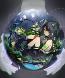 2girls absurdres arknights bare_shoulders black_boots black_hair black_jacket boots character_request check_character closed_mouth dress green_dress green_eyes green_hair hair_between_eyes highres jacket jiuxiaoshi kal&#039;tsit_(arknights) long_sleeves looking_at_viewer mon3tr_(arknights) multicolored_hair multiple_girls off_shoulder orb sleeveless sleeveless_dress sleeves_past_fingers sleeves_past_wrists solo_focus two-tone_hair wet wet_hair