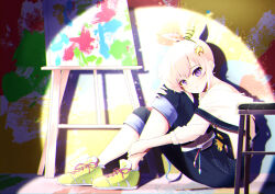 1girl absurdres airani_iofifteen airani_iofifteen_(1st_costume) aonouta art_brush baggy_clothes blue_overalls blush bow_hairband canvas_(object) closed_mouth commentary denim_overalls easel english_commentary from_side full_body green_hairband green_shoes hair_bun hair_ornament hairband highres hololive hololive_indonesia hugging_own_legs knees_up long_hair long_sidelocks looking_at_viewer multicolored_hairband on_floor overalls paint_on_clothes paint_splatter paintbrush painting_(object) palette_hair_ornament pants pants_rolled_up pink_hairband polka_dot_hairband pouch purple_eyes shoes side_ponytail side_up_bun sidelocks sitting sneakers solo spotlight stool sweater swept_bangs thigh_pouch three-quarter_sleeves virtual_youtuber white_hair white_sweater