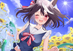 1girl alternate_costume animal_ears black_hair blue_shirt blue_sky blush breasts double-parted_bangs field flower flower_field hair_between_eyes hanasaka_(9769z) highres holding holding_hose horse_ears horse_girl hose kitasan_black_(umamusume) large_breasts midriff_peek multicolored_hair one_eye_closed open_mouth outdoors red_eyes sailor_collar shirt short_hair short_sleeves sky smile solo sunflower sunflower_field two-tone_hair two_side_up umamusume upper_body white_hair white_sailor_collar