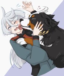 1girl absurdres animalization asticassia_school_uniform commentary_request dog green_jacket grey_eyes gundam gundam_suisei_no_majo heart highres jacket licking licking_another&#039;s_face long_hair long_sleeves miorine_rembran one_eye_closed open_mouth otsunami purple_background school_uniform solo suletta_mercury two-tone_background white_background white_hair