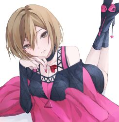 00xxxxaxxxx00 1girl awakening_beat_(project_sekai) bare_shoulders black_choker black_dress boots breasts brown_eyes brown_hair candy choker cleavage collarbone dress feet_up food hair_between_eyes heart highres holding holding_candy holding_food holding_lollipop legs_up lollipop looking_at_viewer lying medium_breasts meiko_(vocaloid) nail_polish off_shoulder official_alternate_costume on_stomach project_sekai red_nails short_hair simple_background smile solo the_pose vocaloid white_background zipper