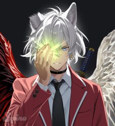 1boy absurdres animal_ear_fluff animal_ears artist_name asymmetrical_wings black_background black_choker black_necktie blazer blue_eyes choker collared_shirt covering_one_eye cross cross_earrings earrings highres indie_virtual_youtuber jacket jewelry lolstarrr long_sleeves magic mismatched_wings necktie notched_ear red_jacket red_wings shirt short_hair solo spiro_(supirou2052) sword upper_body virtual_youtuber weapon weapon_on_back white_hair white_wings wings