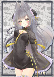 1girl animal_ear_fluff animal_ears black_dress blush braid breasts bun_cover china_dress chinese_clothes cleavage cleavage_cutout closed_mouth clothing_cutout cowboy_shot double_bun dress fang fang_out floral_background fox_ears fox_girl fox_tail frilled_sleeves frills green_eyes grey_background grey_hair hair_bun highres kyoko_(vrchat) long_hair long_sleeves looking_at_viewer medium_breasts miyama_leaves nail_polish short_dress shrug_(clothing) skin_fang sleeves_past_wrists smile solo standing tail thighhighs very_long_hair vrchat white_thighhighs wide_sleeves yellow_eyes yellow_nails zettai_ryouiki