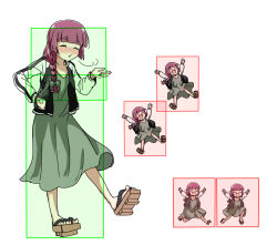 black_bow black_jacket blush bocchi_the_rock! bow braid closed_eyes dress fighting_game geta green_dress hair_over_shoulder happy hiroi_kikuri hitbox ibuki_suika jacket multicolored_jacket multiple_persona purple_hair recurring_image running simple_background single_braid torako_(toramaru) touhou two-tone_jacket white_background white_jacket