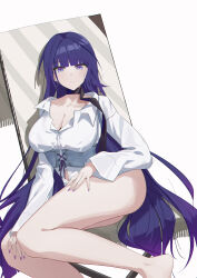 Rule 34 | 1girl, absurdres, ass, barefoot, black ribbon, blunt bangs, bottomless, breasts, cleavage, collarbone, commentary, earrings, fingernails, foot out of frame, highres, honkai (series), honkai impact 3rd, jewelry, large breasts, lilin (pixiv 25958194), long fingernails, long hair, looking at viewer, nail polish, neck ribbon, parted lips, purple eyes, purple hair, purple nails, raiden mei, raiden mei (apho), ribbon, shirt, solo, thighs, very long hair, white shirt