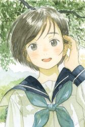 Rule 34 | 1girl, absurdres, blue neckerchief, blue sailor collar, branch, brown eyes, brown hair, day, highres, looking at viewer, neckerchief, open mouth, original, outdoors, painting (medium), sailor collar, school uniform, serafuku, shinomiya nanase, shirt, short hair, solo, traditional media, tree, upper body, watercolor (medium), white shirt