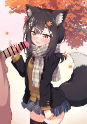 1boy 1girl animal_ears bar_censor black_hair black_jacket black_thighhighs blue_skirt bow bowtie breasts brown_eyes brown_sweater censored commission cum cum_on_body diagonal-striped_bow diagonal-striped_bowtie diagonal-striped_clothes facial grey_scarf hair_ornament hairclip hetero highres jacket large_variant_set layered_sleeves leaf_hair_ornament long_sleeves male_pubic_hair medium_hair miniskirt open_mouth original penis penis_grab pinky_out plaid_clothes plaid_scarf plaid_skirt pleated_skirt pubic_hair red_bow red_bowtie scarf skeb_commission skirt small_breasts striped_clothes sweater tail testicles thighhighs variant_set wodaex wolf_ears wolf_girl wolf_tail