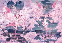 2girls absurdly_long_hair aomori_prefecture architecture belt branch castle cherry_blossom_print cherry_blossoms cherry_hair_ornament clone closed_mouth cloud commentary detached_sleeves east_asian_architecture falling_petals floating_hair floral_print flower food-themed_hair_ornament full_body goryoukaku hair_ornament hair_petal hakodate_(city) hatsune_miku heart hirosaki_castle ixima leg_up long_hair looking_at_viewer mansion miniskirt moat mountainous_horizon multiple_girls necktie ocean official_art one_eye_closed open_mouth outstretched_arms petals piano_print pink_eyes pink_flower pink_hair pink_necktie pink_skirt pink_sleeves pink_theme pink_thighhighs pleated_skirt river sakura_miku second-party_source shirt skirt sleeveless sleeveless_shirt sleeves_past_wrists smile solo standing standing_on_one_leg star_(symbol) thighhighs tie_clip tree very_long_hair vocaloid white_shirt zettai_ryouiki